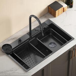ANW HOME Lavello cucina con cascata 75x46 cm grafite PVD, acciaio inox 304 con display LED, montaggio Topmount, 1 vasca 23 cm