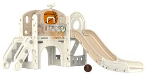 AIYAPLAY Struttura di gioco per bambini, scivolo 7 in 1, parco giochi interno con spazio di archiviazione e tunnel rampicante, 186x153x111 cm, Bianco crema
