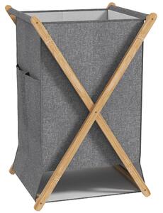 HOMCOM Cesto Portabiancheria Pieghevole 55L in Tessuto e Telaio in Bambù, Legno e Grigio