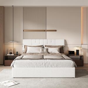 Letto Moonbite con contenitore, dimensioni 160x200 cm – Struttura in legno, rivestimento in tessuto bouclé color crema, con coperchio a doppio movimento, cornice con porta USB e ampio spazio contenitivo. Colori: crema, bianco