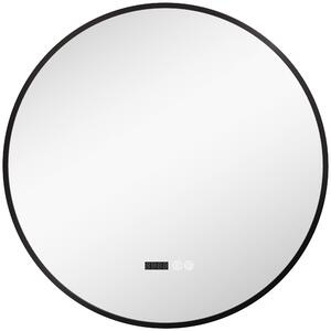 HOMCOM Specchio Bagno con Luce LED Regolabile, Antiappannamento e Display Tempo e Temperatura, Ø70 cm, Nero