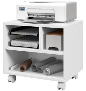 HOMCOM Mobile Porta Stampante a 2 Livelli con 3 Scomparti e Ruote per Ufficio e Studio, 40x30x36cm, Bianco