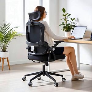 Sedia da ufficio con supporto lombare, braccioli pieghevoli, rivestimento in rete, color tortora
