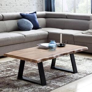 Tavolino FineBuy in legno massello di acacia, 115 cm. Tavolino rettangolare da salotto con bordo naturale e piedini in metallo nero. Tavolino di design realizzato a mano