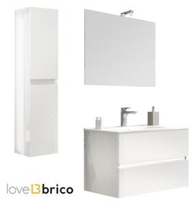 Mobile da bagno sospeso 80 cm con lavabo, colonna, specchio e led bianco lucido