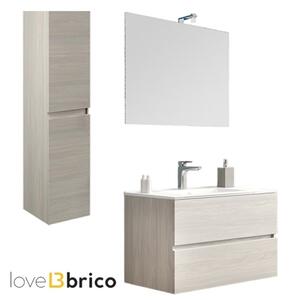 Mobile da bagno sospeso 80 cm con lavabo, colonna, specchio e led rovere grigio