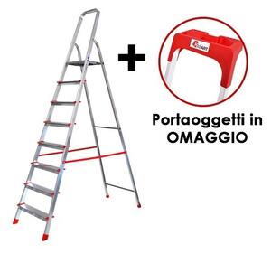 Scala Domestica 8 Gradini In Alluminio Leggera Con Porta Oggetti E Pedana In Acciaio