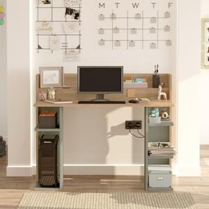 Scrivania Moderna Porta PC 120x58x98 Con Ripiani Laterali Pixel Rovere E Verde