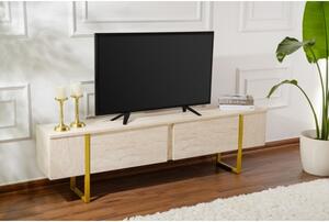 Mobile TV Da Terra 180 Cm A 2 Ante Effetto Travertino E Piedini Oro Serena