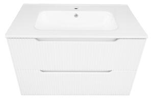 Mobile Da Bagno Cannettato 60 Cm Con Lavabo Specchio E Led LINE - Bianco Lucido