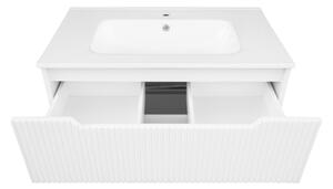 Mobile Da Bagno Cannettato 60 Cm Con Lavabo Specchio E Led LINE - Bianco Lucido
