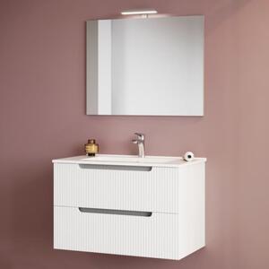 Mobile Da Bagno Cannettato 60 Cm Con Lavabo Specchio E Led LINE - Bianco Lucido