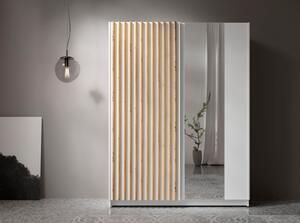 Armadio 150x200h Cm 2 Ante Scorrevoli Con Specchio Bianco Listelli Rovere Dalia