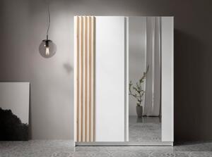 Armadio 150x200h Cm 2 Ante Scorrevoli Con Specchio Bianco Listelli Rovere Bayadero