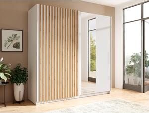 Armadio 200x200h Cm 2 Ante Scorrevoli Con Specchio Bianco Listelli Rovere Dalia