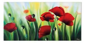 Quadro su tela Papaveri rossi - motivo floreale colorato con erba verde