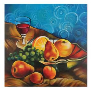 Quadro Natura con frutti - pere e vino su sfondo blu