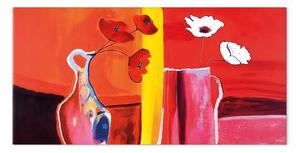 Quadro contemporaneo Papaveri in vasi - bouquet di fiori su sfondo rosso vivace