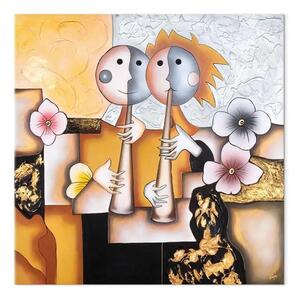 Quadro su tela Musicisti - figure astratte con fiori e disegni