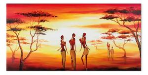 Quadro contemporaneo Danza africana - paesaggio con alberi e tramonto