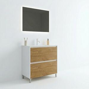 Mobile Bagno Lisbona 2 Cassetti 100 Cm Bianco Lucido Rovere Naturale
