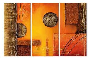 Quadro contemporaneo Composizione (3 parti) - Astrazione arancione con cerchi dorati