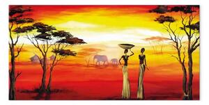 Quadro su tela Paesaggio - donne su sfondo africano con elefanti