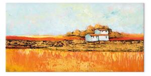 Quadro contemporaneo Casetta in campagna - casa circondata da un campo in colori arancioni