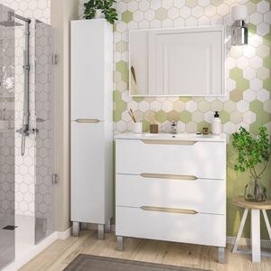 Mobile Da Bagno 80 Cm 3 Cassetti Con Piedini E Lavabo In Ceramica Lea Bianco Lucido