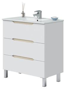 Mobile Da Bagno 80 Cm 3 Cassetti Con Piedini E Lavabo In Ceramica Lea Bianco Lucido