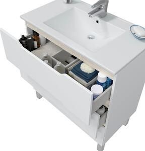 Mobile Da Bagno 80 Cm 3 Cassetti Con Piedini E Lavabo In Ceramica Lea Bianco Lucido