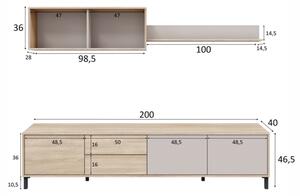 Mobile TV 200 Cm Con Ante Cassetti E Mensole Superiori Nilo Cashmere E Rovere Canadian