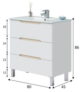 Mobile Da Bagno 80 Cm 3 Cassetti Con Piedini E Lavabo In Ceramica Lea Bianco Lucido