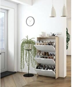 Scarpiera 3 Ante Doppio Scomparto 60x22x113 Cm Salvaspazio 18 Paia Bianco Lucido Rovere
