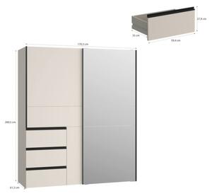 Armadio Guardaroba Scorrevole Con Specchio 170x60x200 Cm 3 Cassetti Winn Sabbia