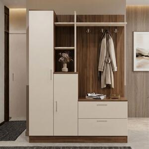Mobile Ingresso Con Scarpiera Appendiabiti E Armadietto 140x37x182 Noce E Beige Wisdom