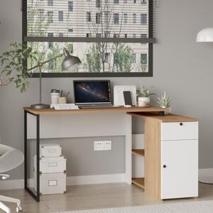 Scrivania Angolare 130x90x75h Con Anta Vani e Cassetto Nora Rovere E Bianco