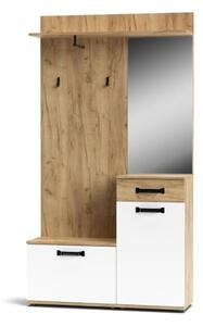 Mobile Da Ingresso 104x32x190 Con Ante E Specchio Bianco E Rovere Mosso MO6
