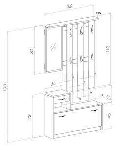 Mobile Ingresso 100 Cm Con Scarpiera Appendiabiti E Specchio Rudolf Beton E Bianco