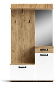 Mobile Da Ingresso 104x32x190 Con Ante E Specchio Bianco E Rovere Mosso MO6