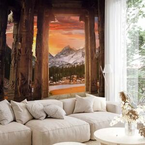 Carta da parati Tramonto in India - architettura di un tempio con paesaggio montano