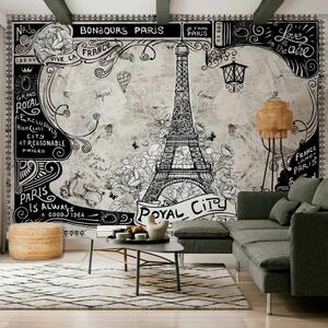 Carta da parati Bonjour Paris - collage bianconero con Torre Eiffel in stile francese