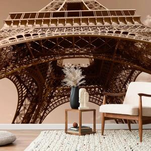 Carta da parati moderna Architettura di Parigi - la Torre Eiffel francese dal basso in seppia