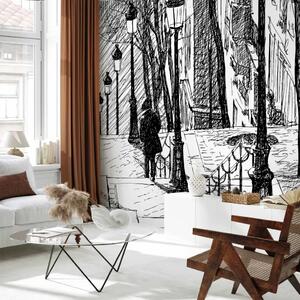 Carta da parati moderna Scalinate di Montmartre - schizzo bianconero e architettura Parigina