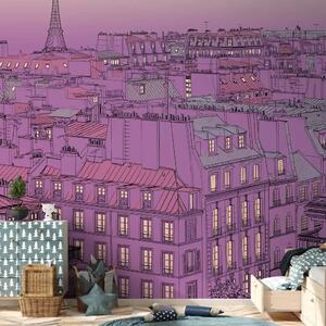 Carta da parati moderna Venerdì sera a Parigi - panorama urbano viola disegnato