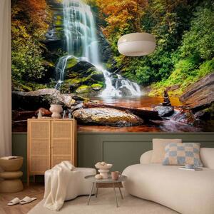 Carta da parati Meraviglia della natura - paesaggio con cascata montana tra alberi verdi