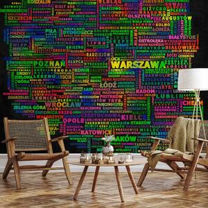 Carta da parati Mappa della Polonia - nomi delle località colorati su sfondo nero