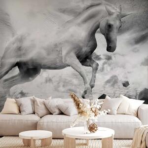 Carta da parati moderna Fantasia in bianco e nero - mondo con cavallo bianco, luna e figure