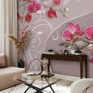 Carta da parati moderna Volo di orchidee rosa - fiori colorati su sfondo chiaro