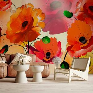 Carta da parati moderna Papaveri vellutati - astrazione di fiori di papavero in colori caldi